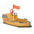 Outsunny Wooden Kids Pirate Sandbox, Outdoor Sandboat With Bench Seats, Storage, Non Woven Fabric Cloth For Backyard, Lawn Natural Wood