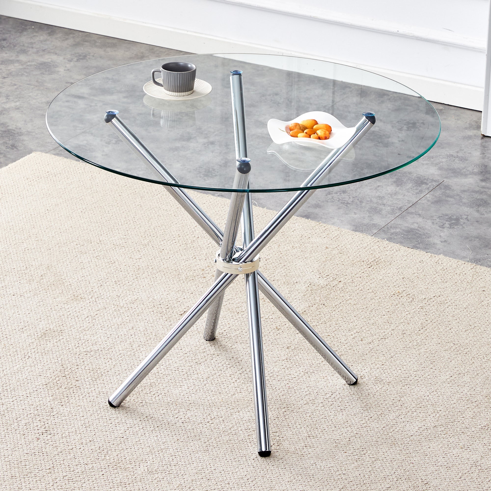 Round Clear Glass Dining Table With A Unique Shape For 4 6 People, With Ring Shaped Gathered Silver Metal Legs, Suitable For Desks, Kitchens, Terraces, Dining Rooms. Silver Glass Metal