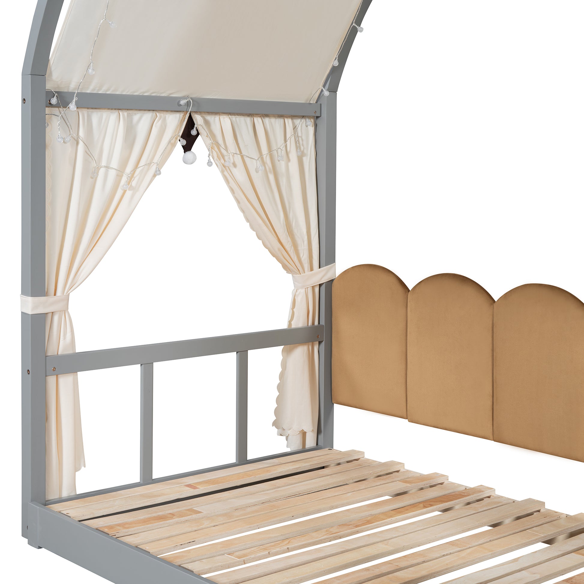 Twin Size Extended Bed With Arched Roof And Trundle, Gray Twin Gray Plywood