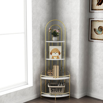 Gold 4 Tier Corner Bookshelf, Modern Style, Plant Stand With Metal Frame Gold White Metal Metal,Particle Board