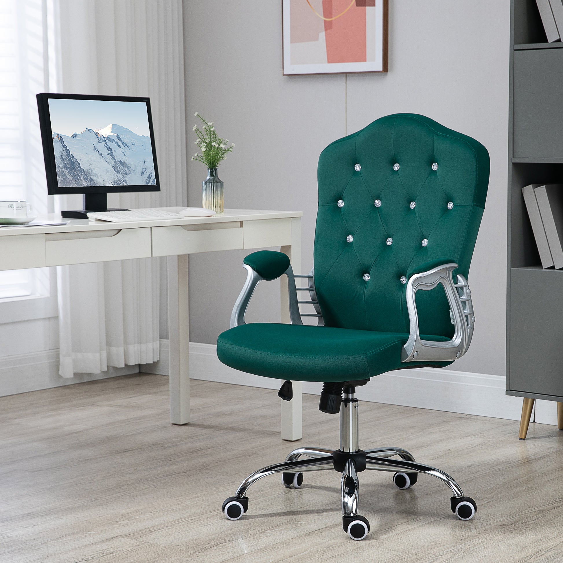 Vinsetto Home Office Chair, Velvet Computer Chair, Button Tufted Desk Chair With Swivel Wheels, Adjustable Height, And Tilt Function, Dark Green Dark Green Polyester