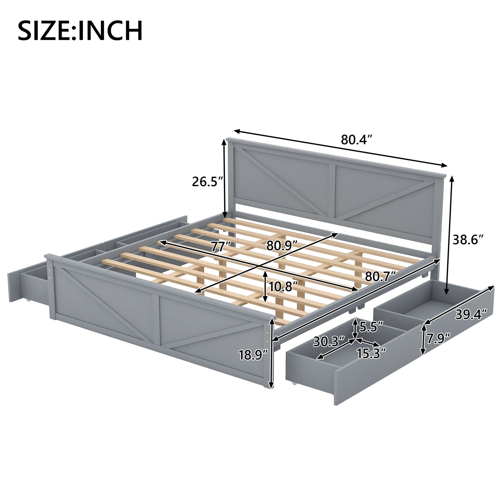 King Size Wooden Platform Bed With Four Storage Drawers And Support Legs, Gray King Gray Pine