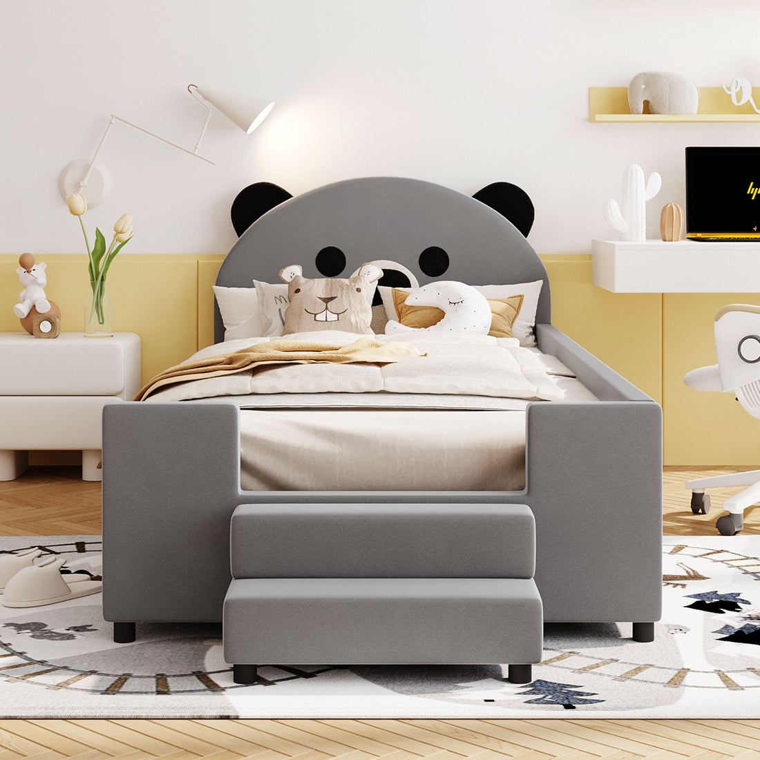 Twin Size Upholstered Daybed With Bear Shaped Headboard, Hydraulic System Andmesh Fence, Gray Gray Velvet