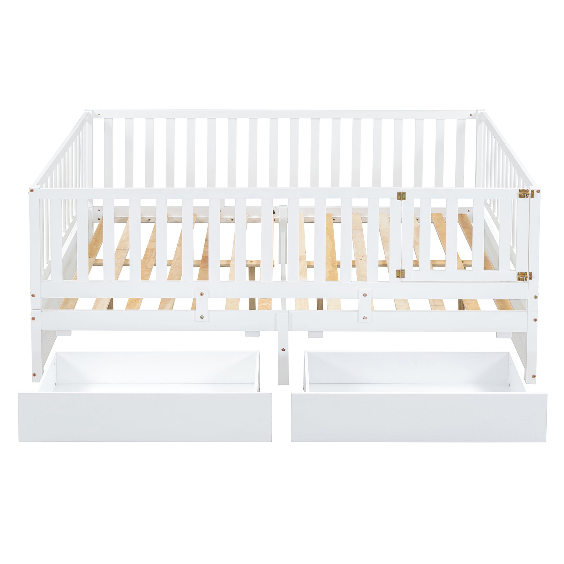 Full Size Wood Daybed With Fence Guardrails And 2 Drawers, Split Into Independent Floor Bed & Daybed, White Old Sku :Lp000882Aak Full White Solid Wood Mdf
