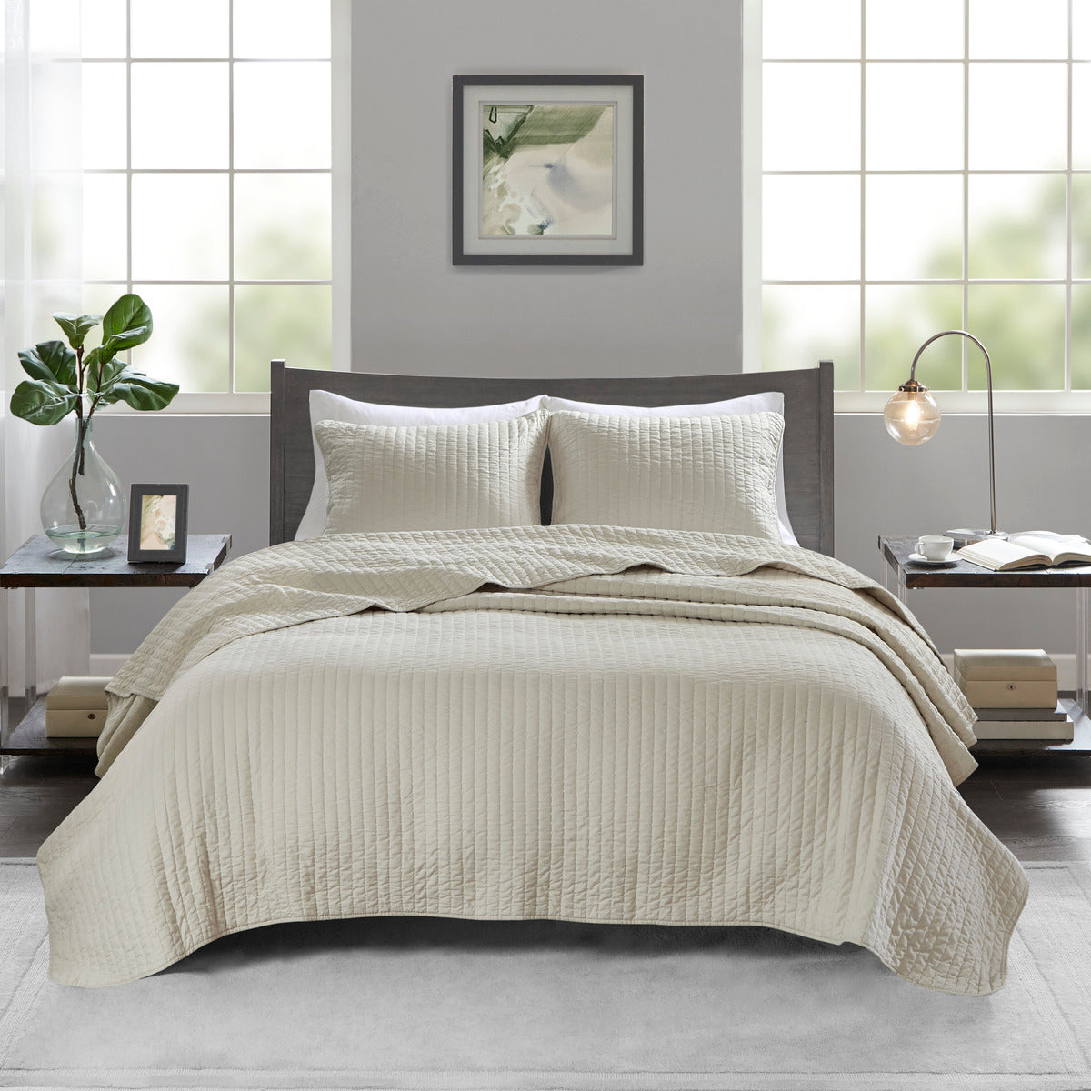 3 Piece Quilt Set Cream Full Queen Full Cream Cotton