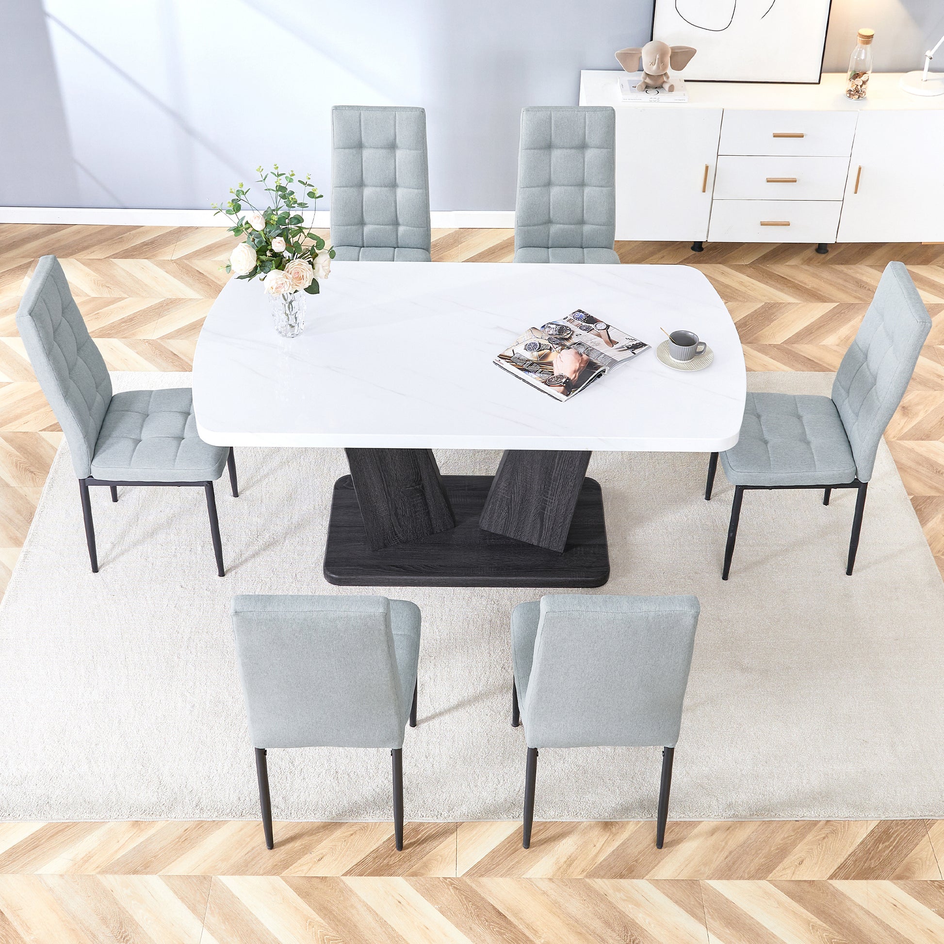 Modern Dining Table Set For 6, 7 Piece Dining Set, 63" Rectangle Kitchen Table With 6 Upholstered Chairs, 1.8" Thickness Tabletop And V Shaped Table Legs, White Faux Marble Dining Set For Kitchen Room Metal White Gray Dining Room Modern Rectangular Mdf