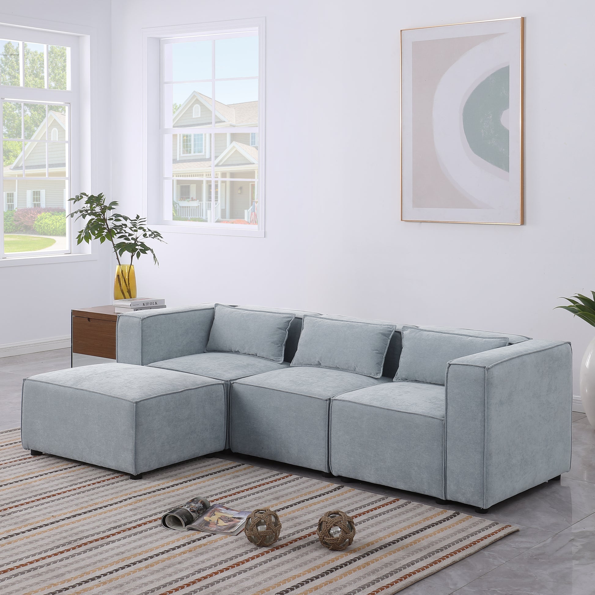 Modular Sofa Grayish Blue Chenille Fabric, Simple And Grand, The Seat And Back Is Very Soft. This Is Also A Knock Down Sofa Grayish Blue Chenille 4 Seat