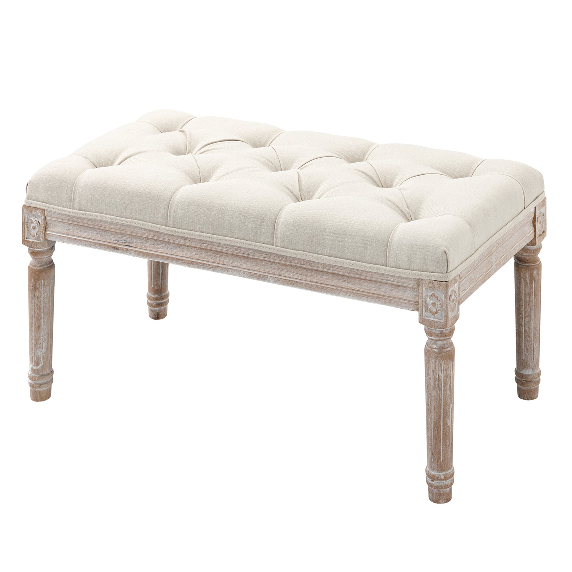 Homcom 32" Vintage Ottoman, Tufted Foot Stool With Upholstered Seat, Rustic Wood Legs For Bedroom, Living Room, Beige Beige Linen