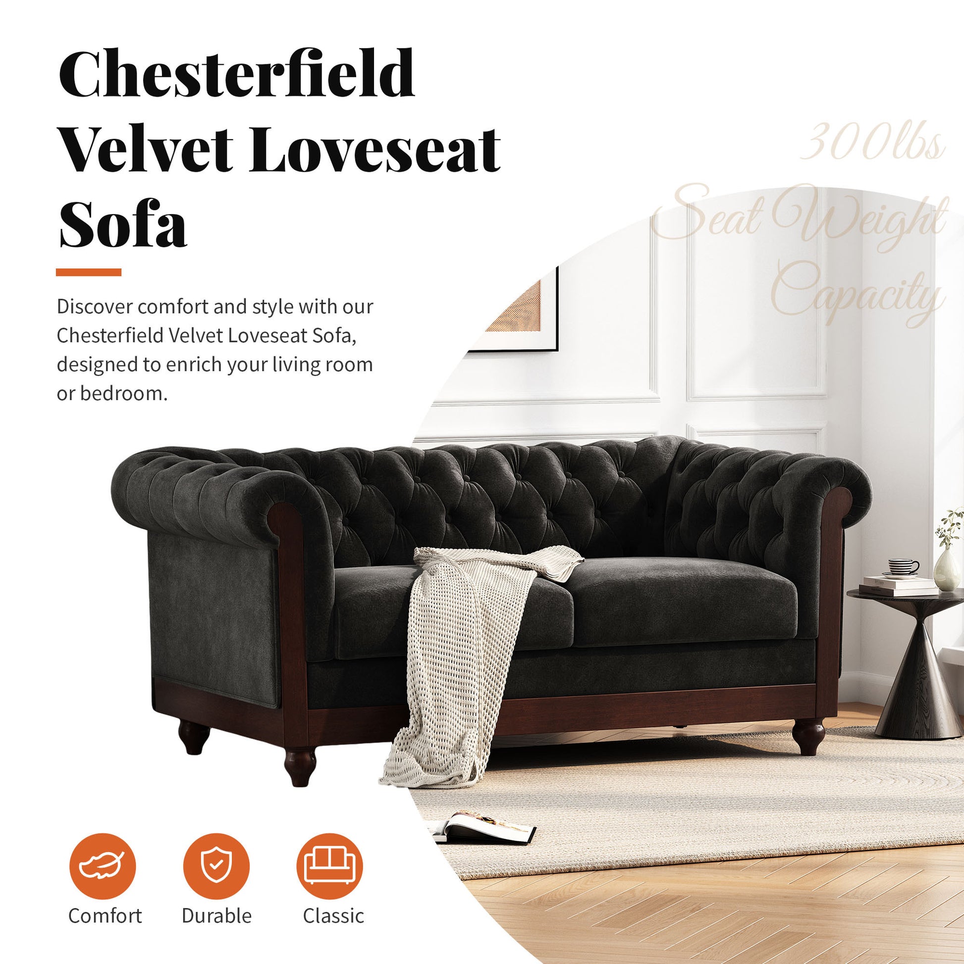 Vivalux 59.44" Chesterfield Velvet Loveseat Sofa,2 Person Rolled Arm Dutch Plush Upholstered Sofa Couch With Tufted Button For Living Room, Bedroom, Small Places,Black Black Espresso Velvet Wood Primary Living Space Soft Tufted Back Casual,Classic Pine