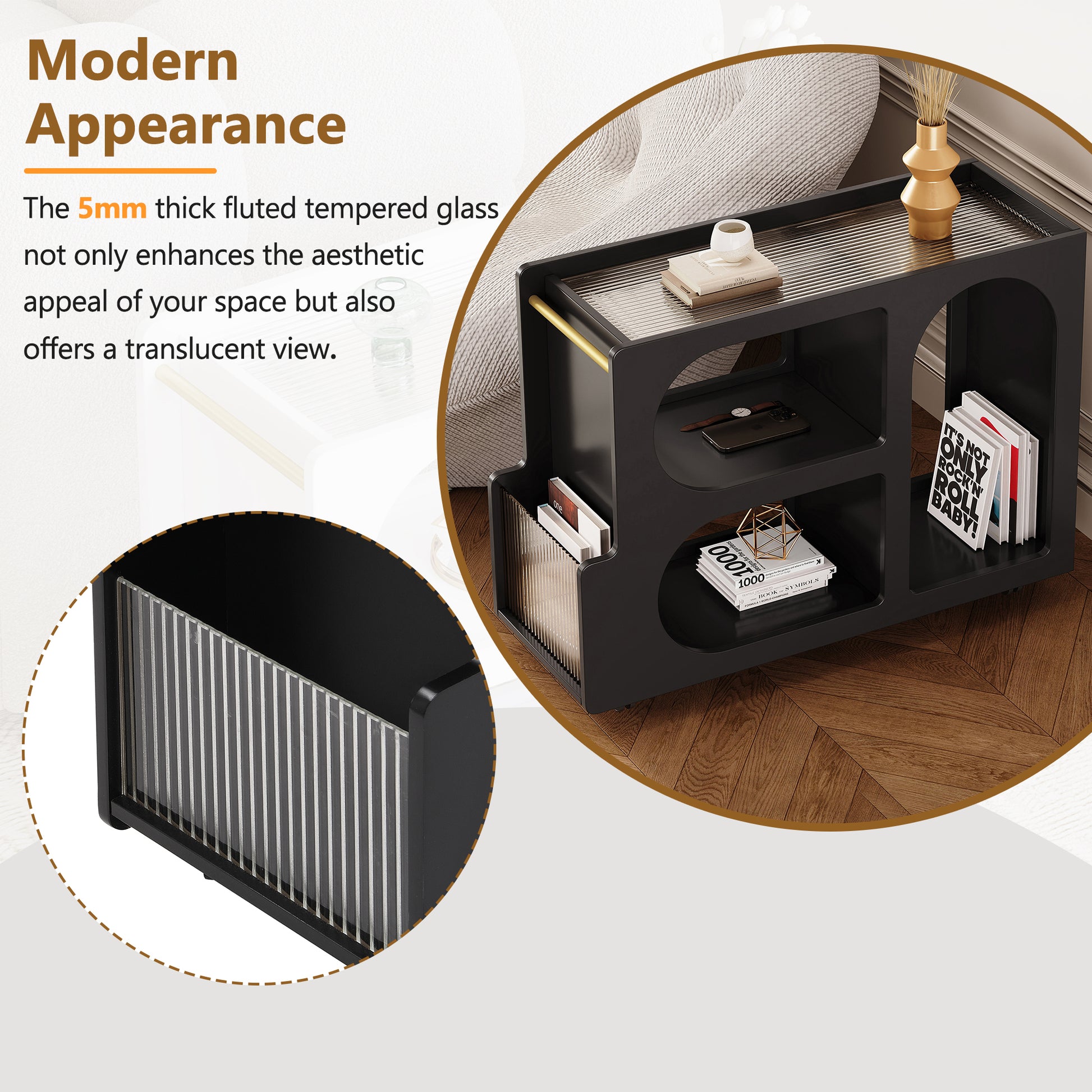 Mobile End Table With Lockable Wheels, Narrow Coffee Table With 5Mm Thick Fluted Tempered Glass, Modern Nightstand With Golden Round Rod, Living Room, Black, 31.5''W X11.8''D X 23.1''H Black Primary Living Space Mdf