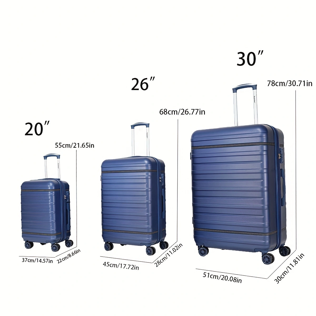 3 Piece Luggage Set, Abs Lightweight 20 Inch 26 Inch 30 Inch Luggage, Carry On Luggage Set, With Password Lock And Swivel Wheels Dark Blue Abs