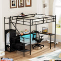 Full Size Metal Loft Bed With L Shaped Desk, Led Lights, Charging Cradle, Led Loft Bed Frame, Full Size Bed With One Cabinet Wardrobe And 2 Fabric Drawers, Safety Rails And Ladder, Black Black