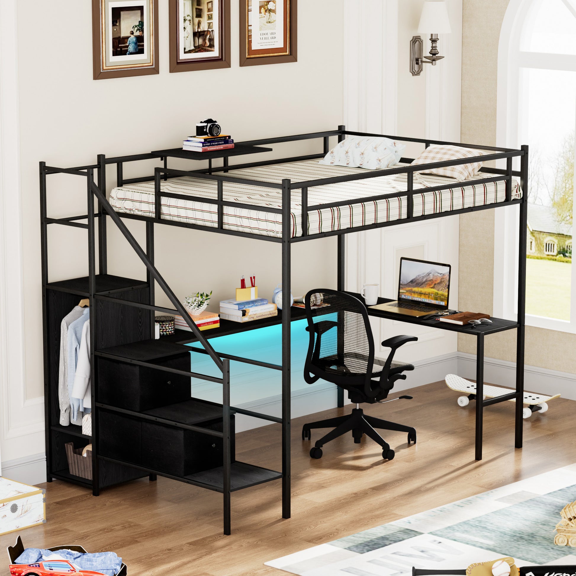 Full Size Metal Loft Bed With L Shaped Desk, Led Lights, Charging Cradle, Led Loft Bed Frame, Full Size Bed With One Cabinet Wardrobe And 2 Fabric Drawers, Safety Rails And Ladder, Black Black