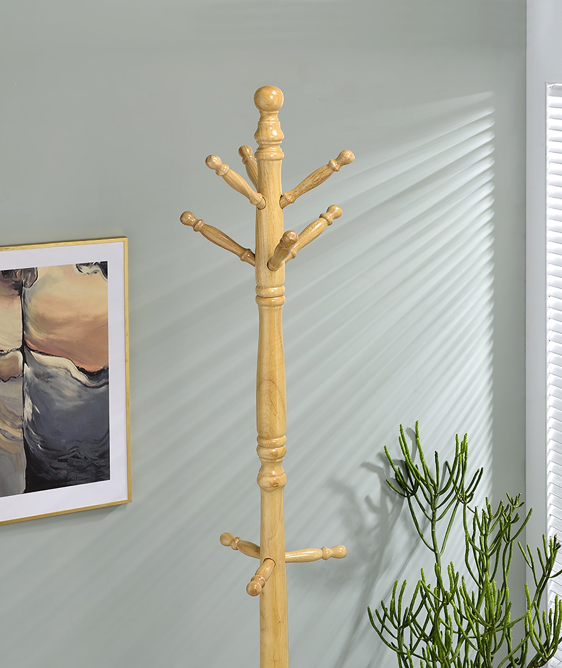 71.5" Tall Wooden Standing Coat Rack "Swivel" With Natural Finish Natural Wood