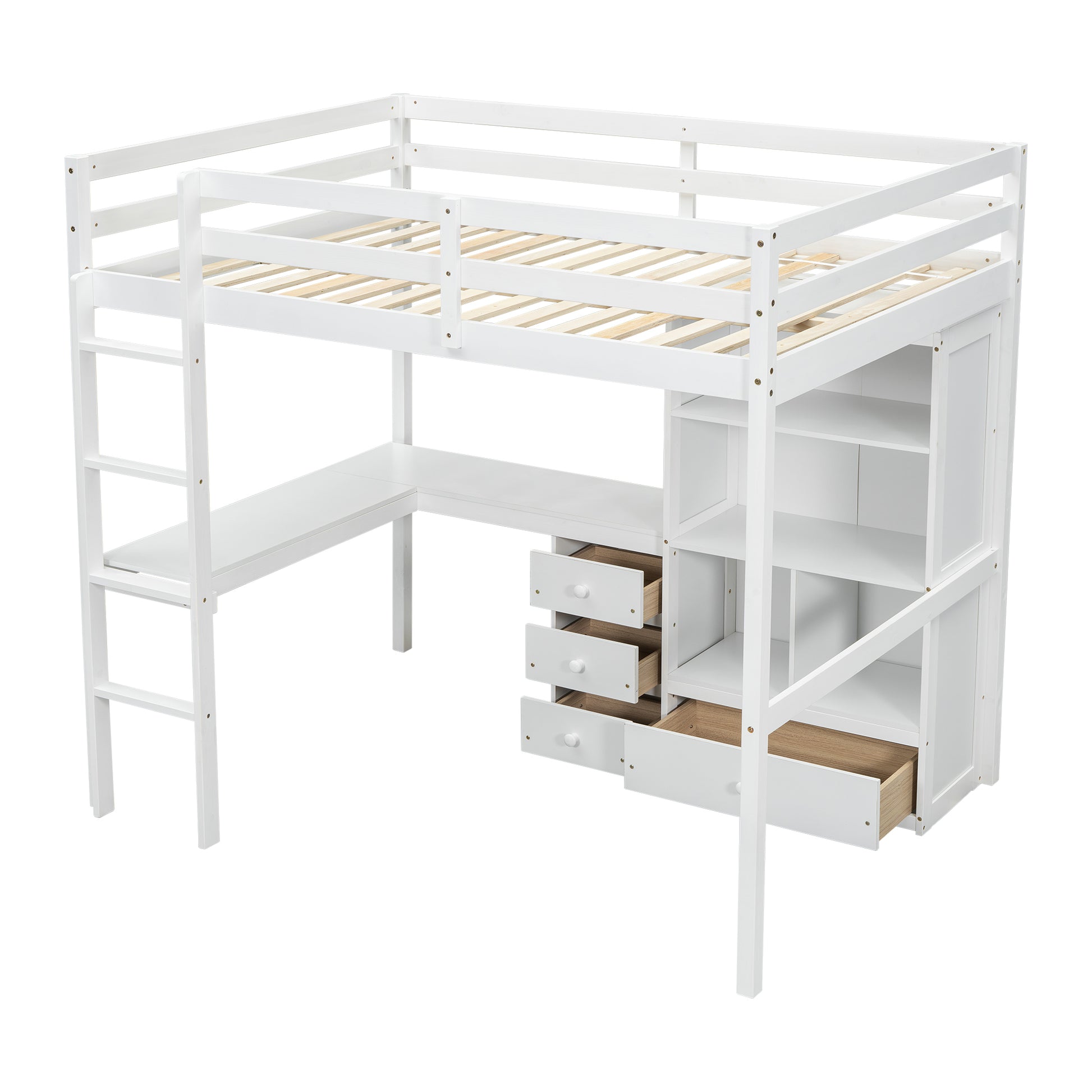 Full Size Loft Wood Bed With Desk, Storage Shelves And Drawers, Built In Ladder, High Loft Bed With Desk, Storage Shelves And Drawers,Guardrails,White Full White Pine