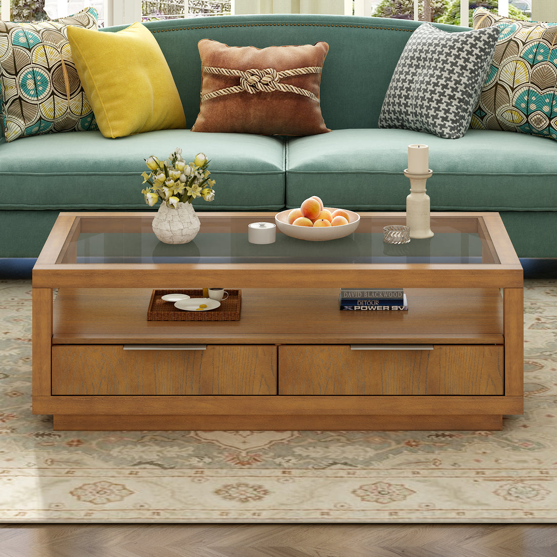 Modern Wood Coffee Table With 2 Drawers ,Minimalist Display Coffee Table With Transparent Tempered Glass, Open Storage Shelf For Living Room Brown Solid Wood Mdf