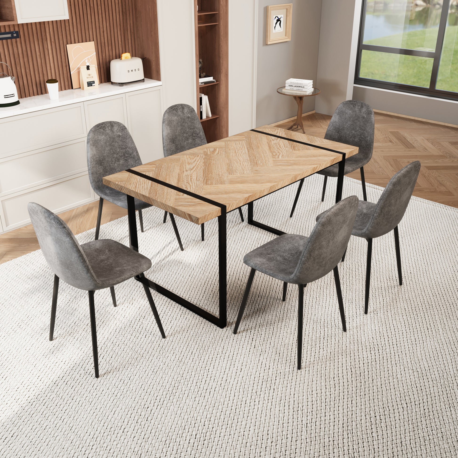 Mdf Light Wood Dining Table And Modern Dining Chair Set Of 8 Pieces, Medieval Wooden Kitchen Dining Table Set, Black Metal Base, Dining Table And Suede Chair Set Buy 6 Chairs And Get 2 Free Grey