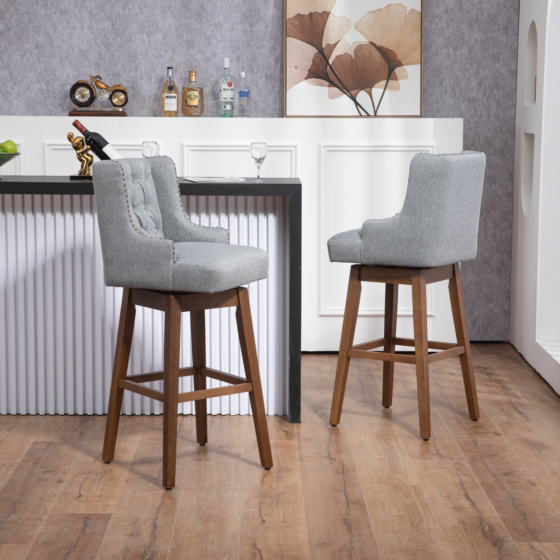 Coolmore Bar Stools Set Of 2 Counter Height Chairs With Footrest For Kitchen, Dining Room And 360 Degree Solid Wood Legs Swivel Bar Stools Set Of 2 Gary Linen Gray Foam Linen