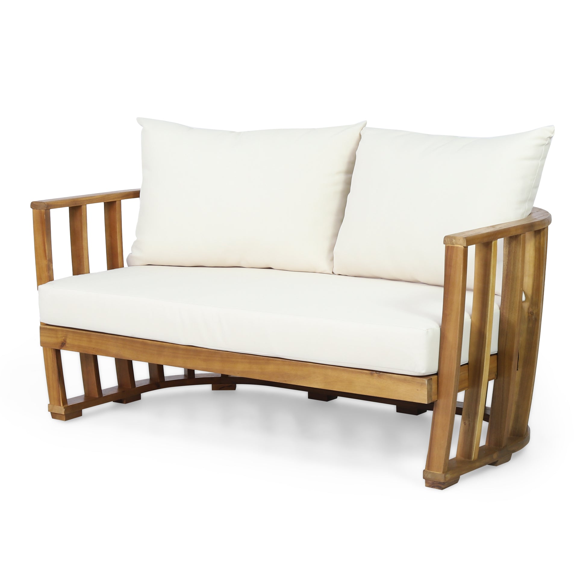 Outdoor Acacia Wood Loveseat And Coffee Table Set With Cushions, Teak, Beige Beige Brown Acacia Wood