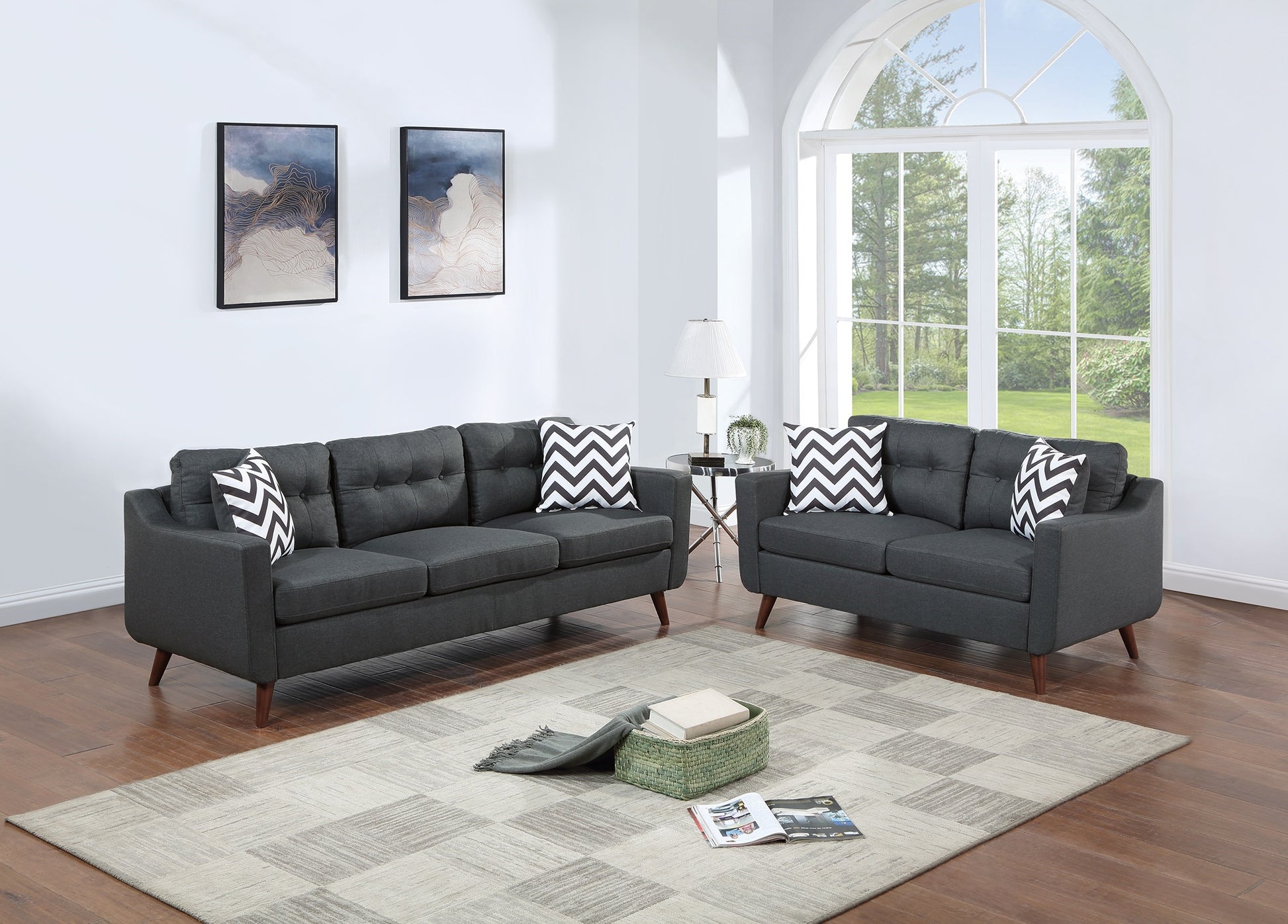 Modern Cozy Sofa Loveseat W Pillows 2Pc Sofa Set Black Polyfiber Couch Tufted Cushions Living Room Black Primary Living Space Firm Tufted Back Contemporary,Modern Pine Square Arms Linen Blend,Pine,Plywood 5 Seat