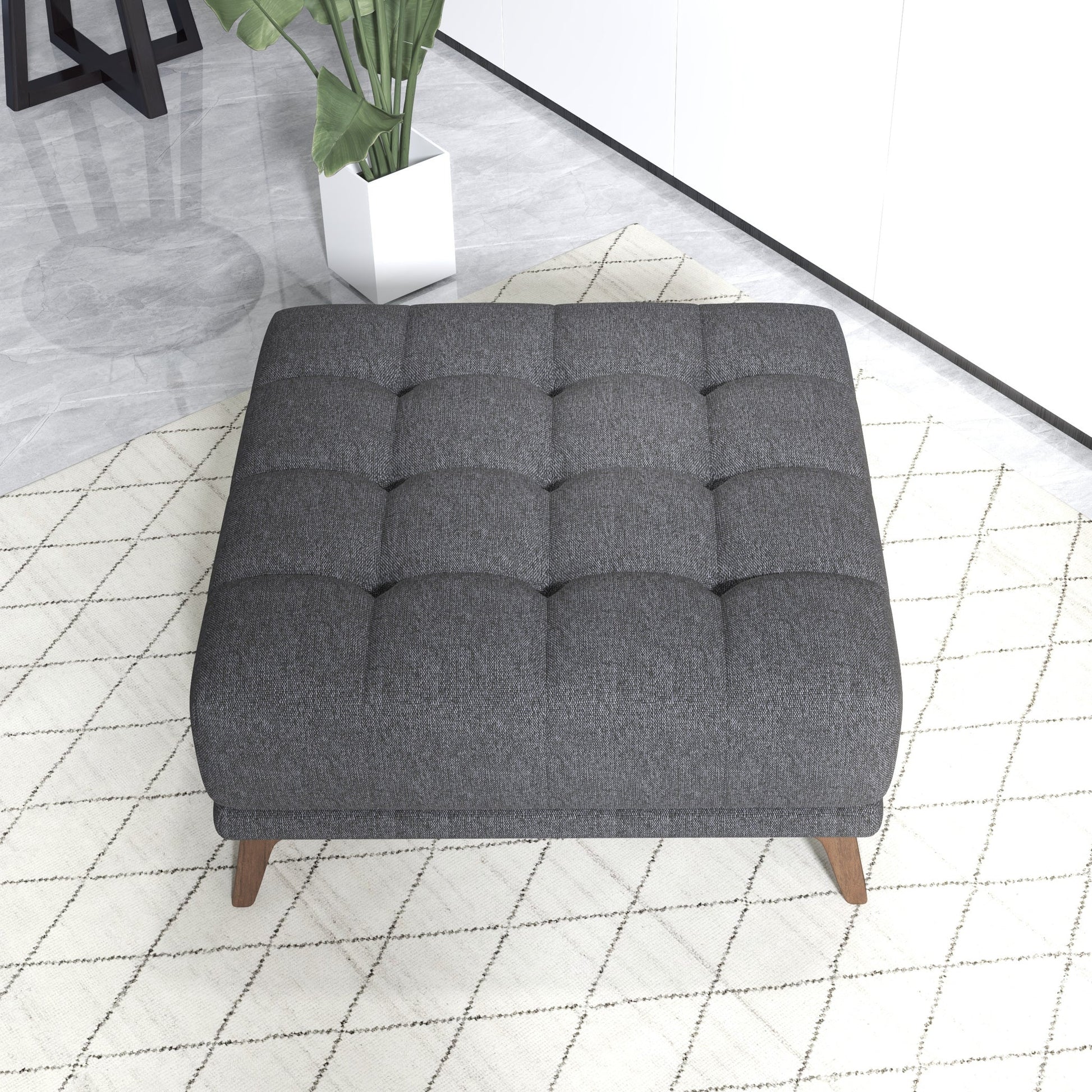 Addison Square Upholstered Ottoman Dark Gray Linen Wood Backless Solid Grey Mid Century Modern Square Armless Tufted Linen,Solid Wood