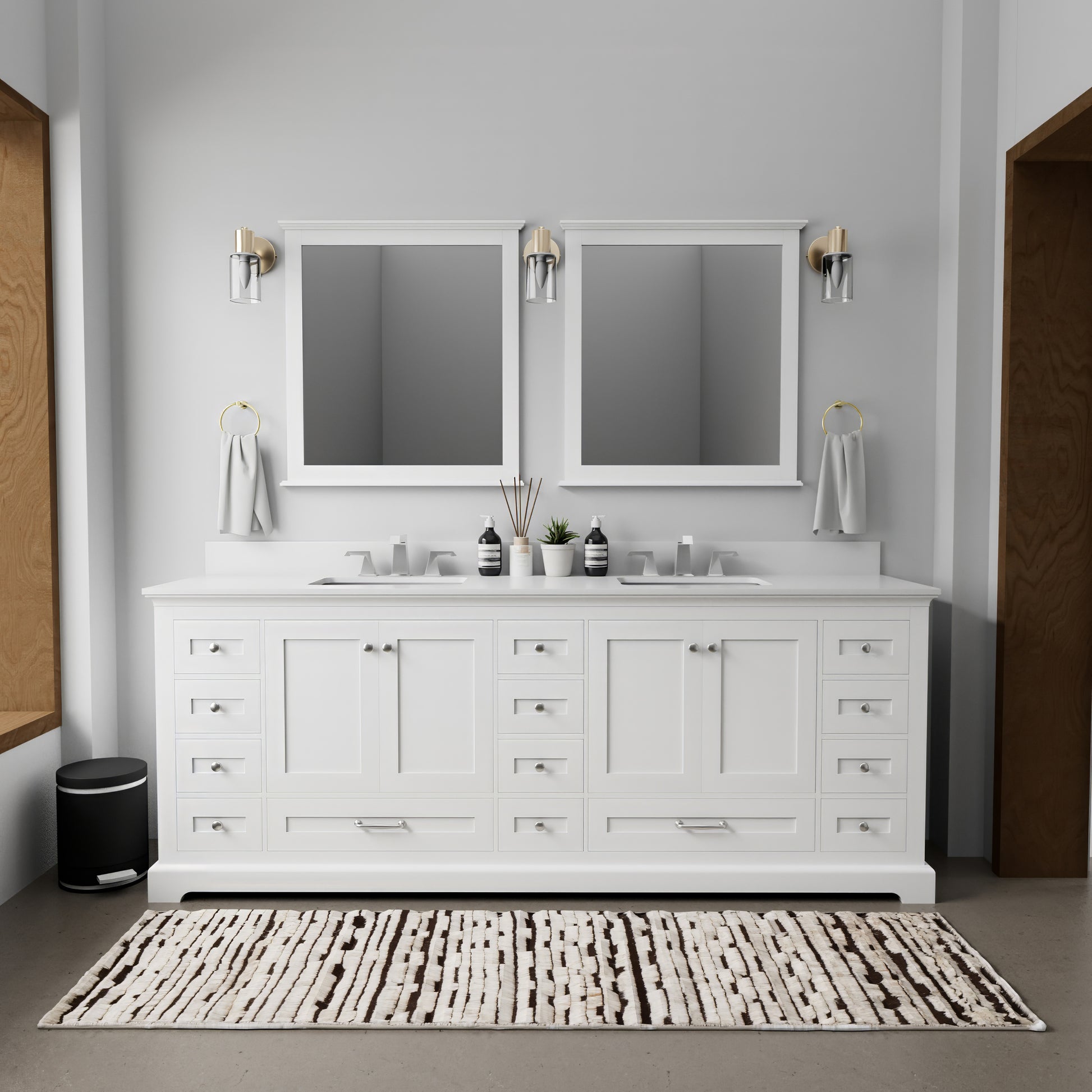 White Double Bath Vanity 84 In. W X 22 In. D, Cultured Marble Top, And Faucet Set White Plywood Wood