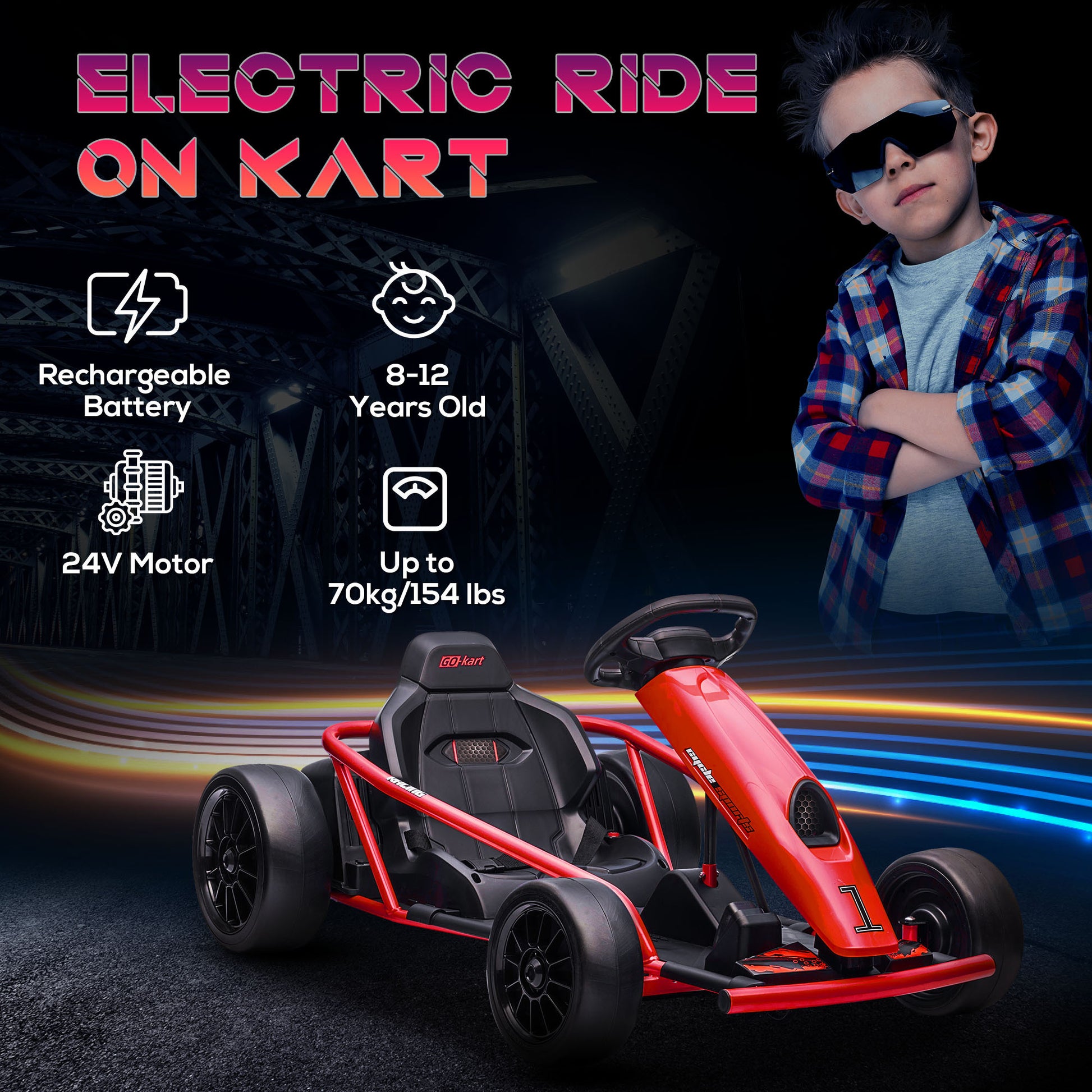 Aosom 24V 8.1 Mph Electric Go Kart, Drifting Car Battery Powered Ride On Toy Outdoor With Slow Start, Music, Horn Honking And Safety Belt, For 8 12 Years Old, Red Red Iron Plastic