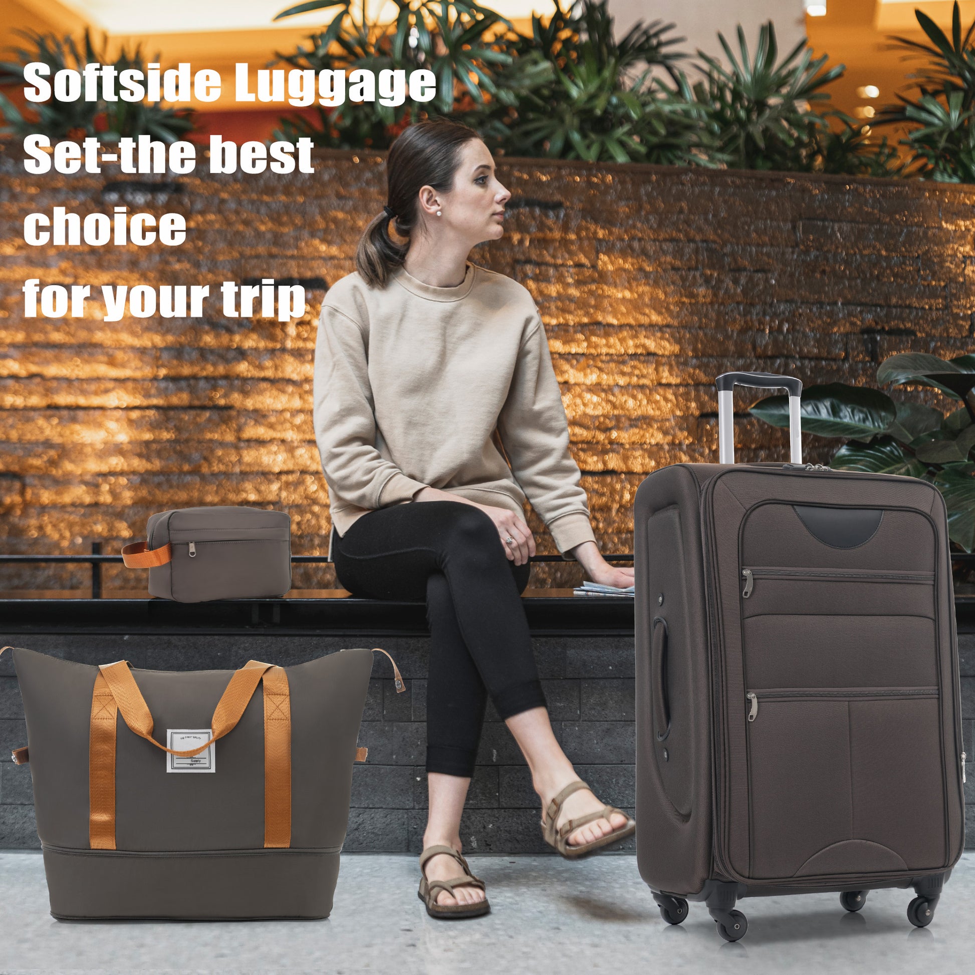 Softside Luggage Expandable 3 Piece Set Suitcase With Duffel Bag Upright Spinner Softshell Lightweight Luggage Travel Set Brown Polyester