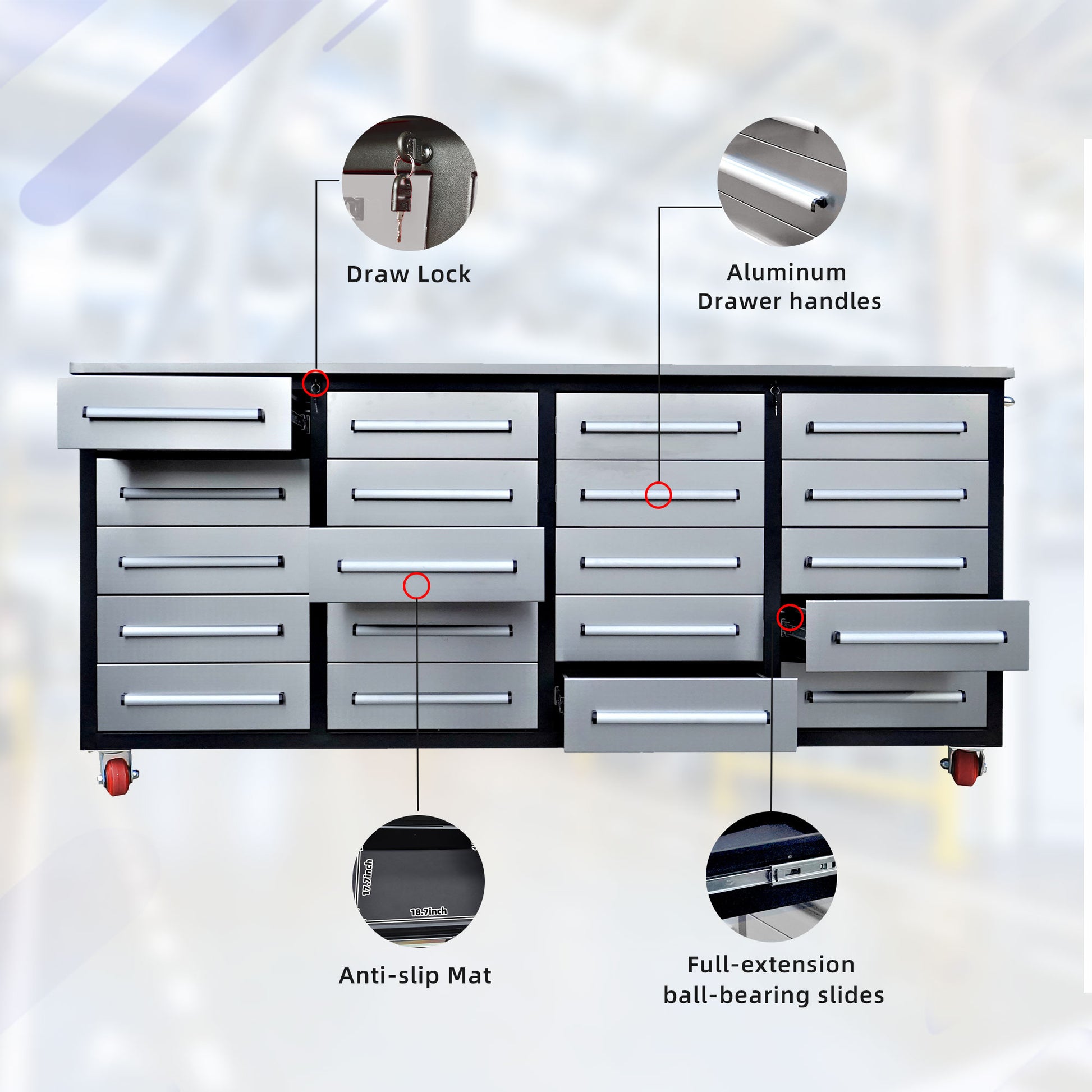 7Ft Garage Storage Cabinets With Workbench 20 Drawers Silver Silver Steel