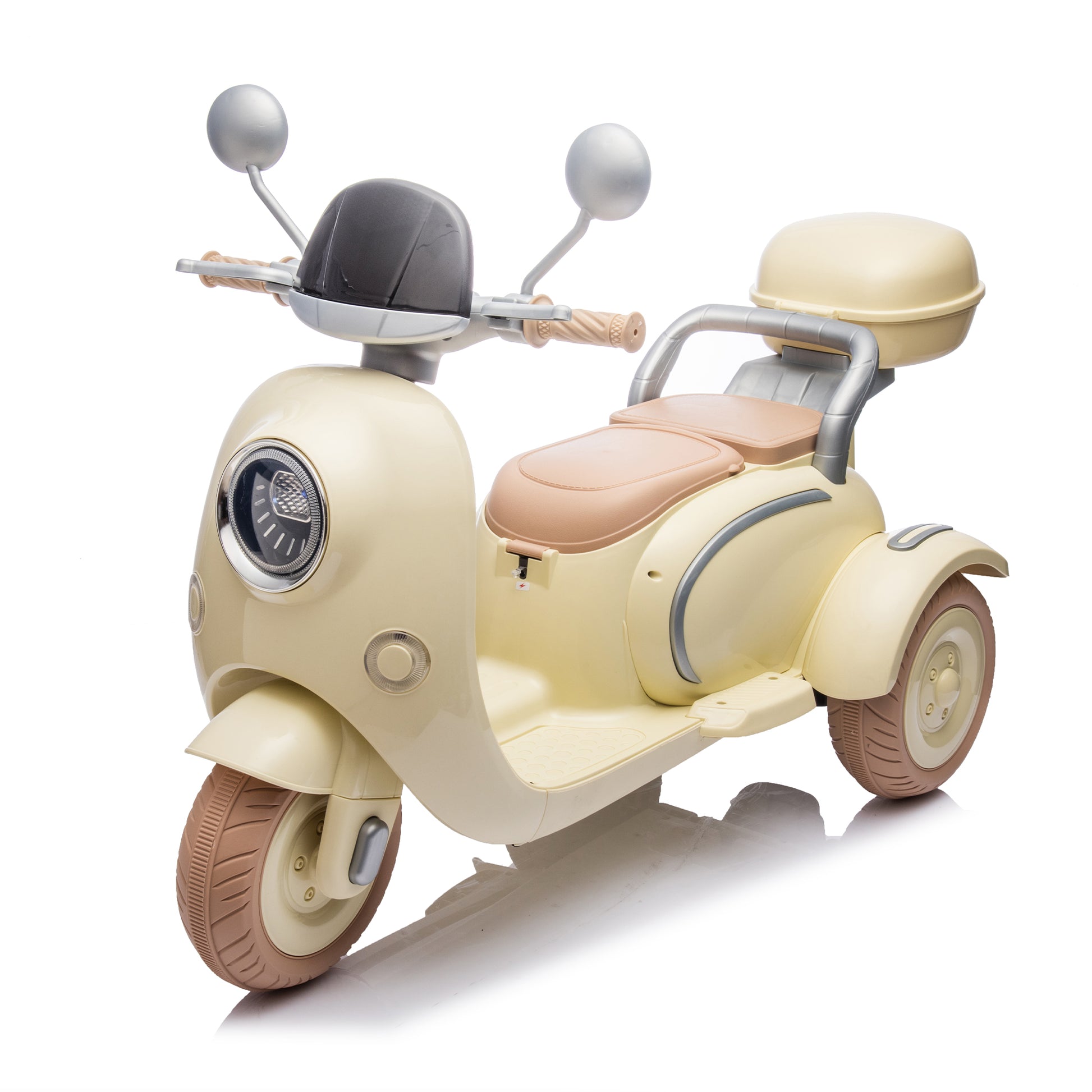 12V Two Seater Kids Ride On Electric Motorcycle,Three Wheels Kids Toy With Slow Start,Multi Function Player,Usb,Bluetooth, Light,Backseat Flip Adult Seat, Oversized Storage Box For Kids Aged 3 6. Beige Plastic