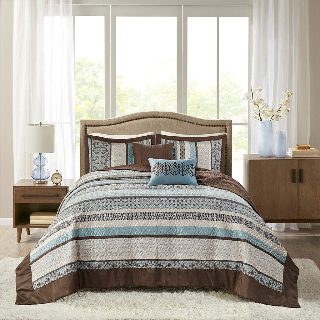 5 Piece Reversible Jacquard Bedspread Set Blue King King Blue Cotton