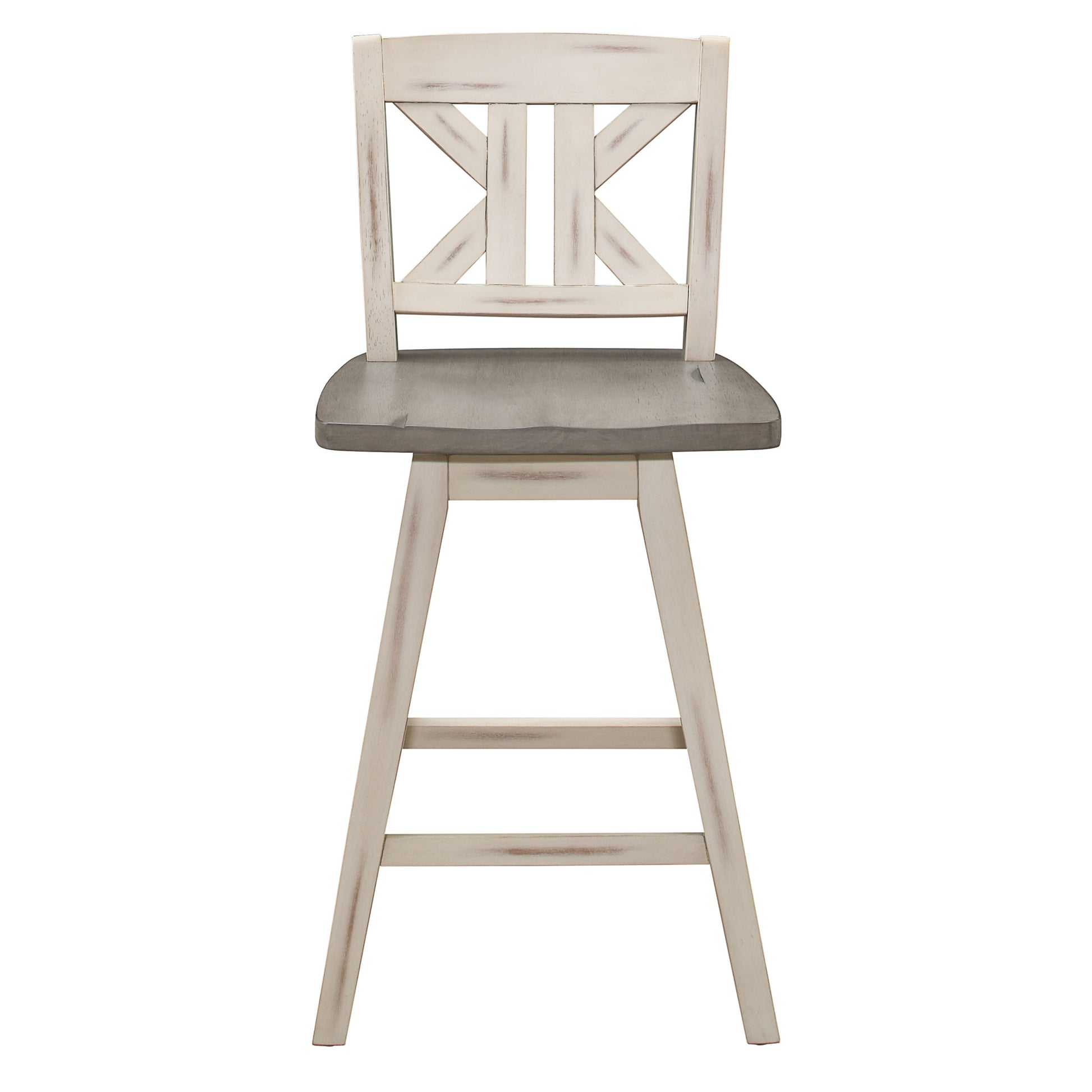 Pub Height Chairs Set Of 2, Distressed Gray And White 360 Degree Swivel Chair Solid Rubberwood Furniture, Divided X Back Bar Chairs White Gray Dining Room Rustic Solid Wood