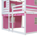 Full Size Bunk Wood House Bed With Tent, Pink White Full Pink White Solid Wood Mdf