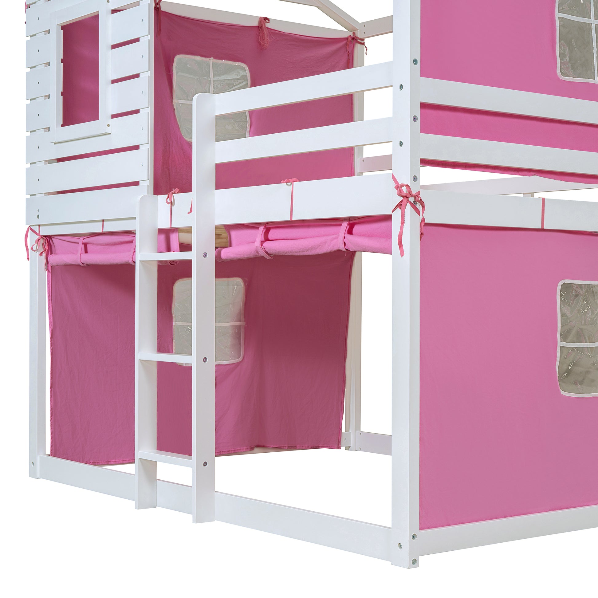 Full Size Bunk Wood House Bed With Tent, Pink White Full Pink White Solid Wood Mdf