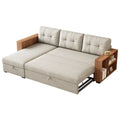 Upholstered Pull Out Sectional Sofa With Storage Chaise, Convertible Corner Couch, Beige Wooden Handrail Beige Wood Medium Soft Pillow Back Modern Square Arms Linen 3 Seat