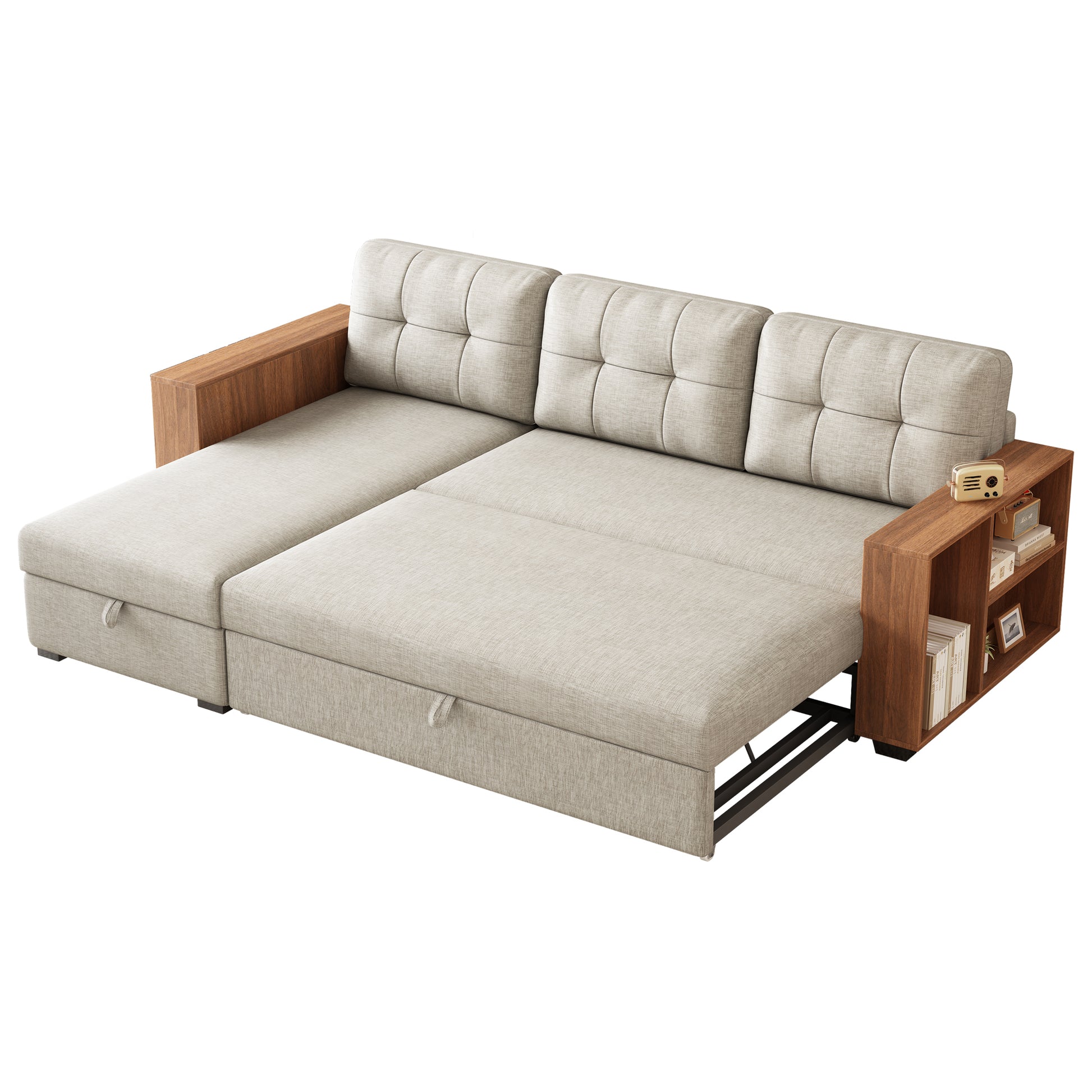 Upholstered Pull Out Sectional Sofa With Storage Chaise, Convertible Corner Couch, Beige Wooden Handrail Beige Wood Medium Soft Pillow Back Modern Square Arms Linen 3 Seat