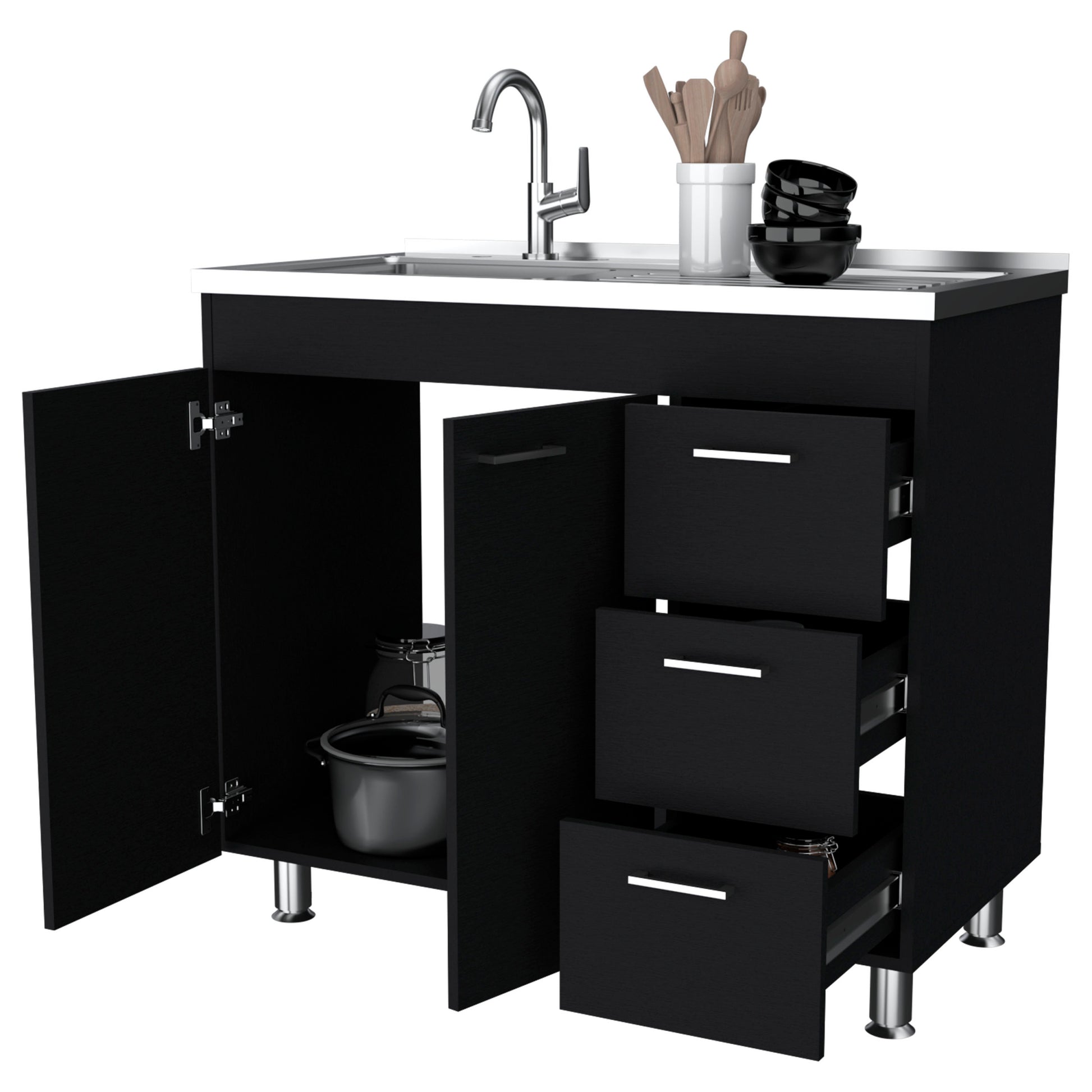 Darien Melamine Base Cabinet, Three Drawers And Stainless Steel Top. Black Kitchen Contemporary Pine Particle Board Melamine