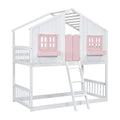 Twin Over Twin House Bunk Bed With Roofwindow, Window Box, Doorwith Safety Guardrails And Ladder, Pink White Twin Pink White Pine