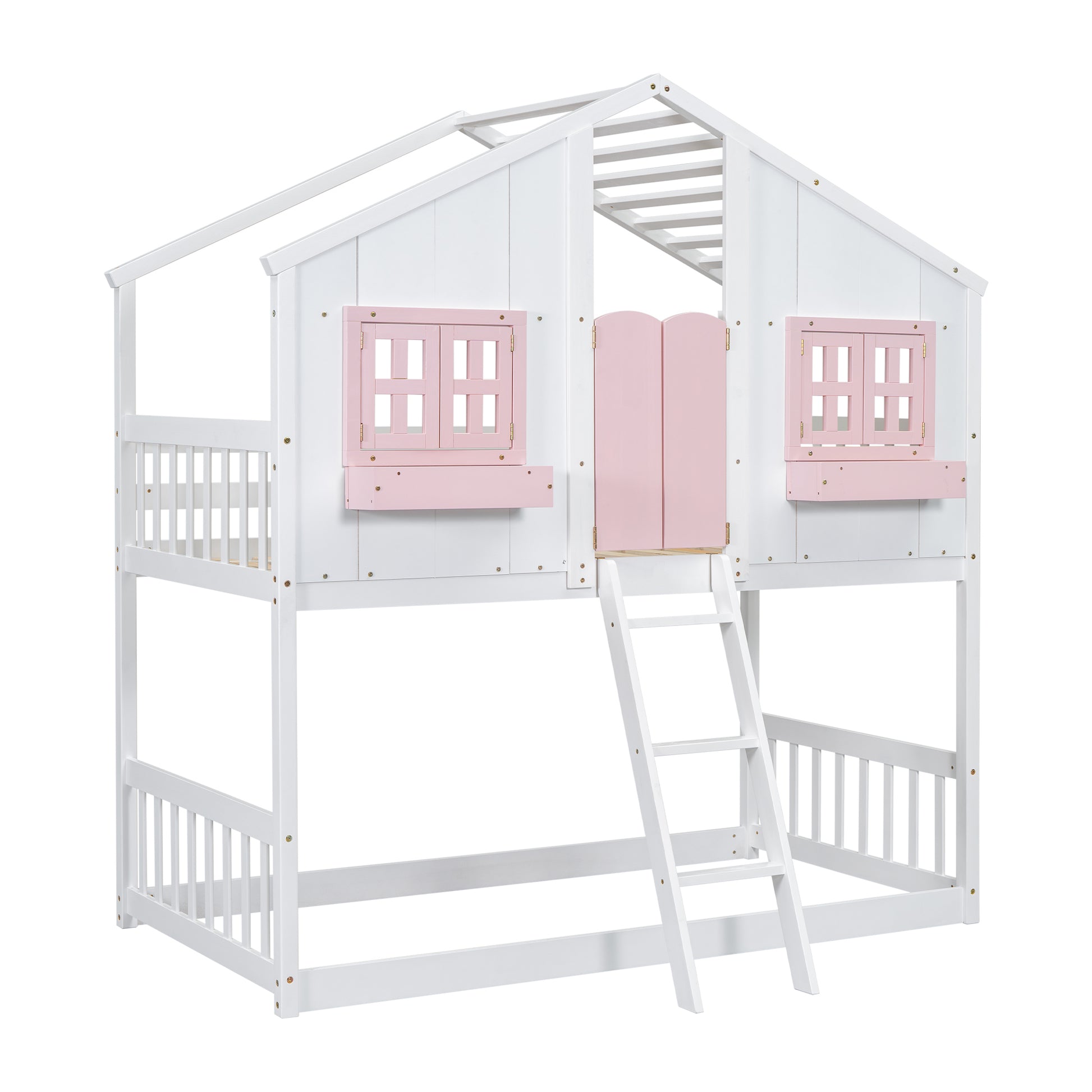 Twin Over Twin House Bunk Bed With Roofwindow, Window Box, Doorwith Safety Guardrails And Ladder, Pink White Twin Pink White Pine