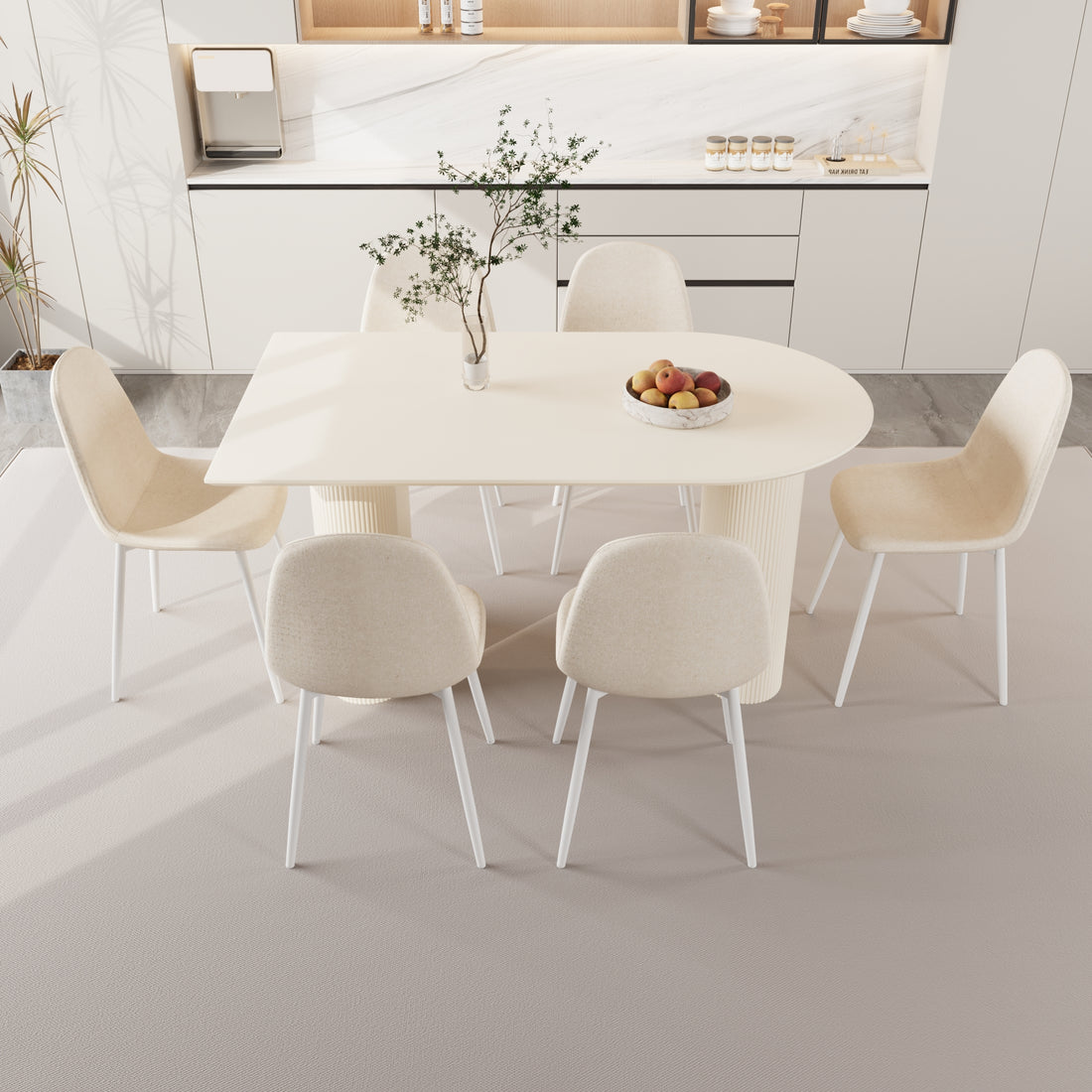 63 "Mdf Cream Style Coffee Table And Modern Dining Chair 8 Piece Set, Modern Kitchen Dining Table Set, Round Wave Table Legs, Dining Table And Round Linen Chairs Buy 6 Chairs And Get 2 Free Beige