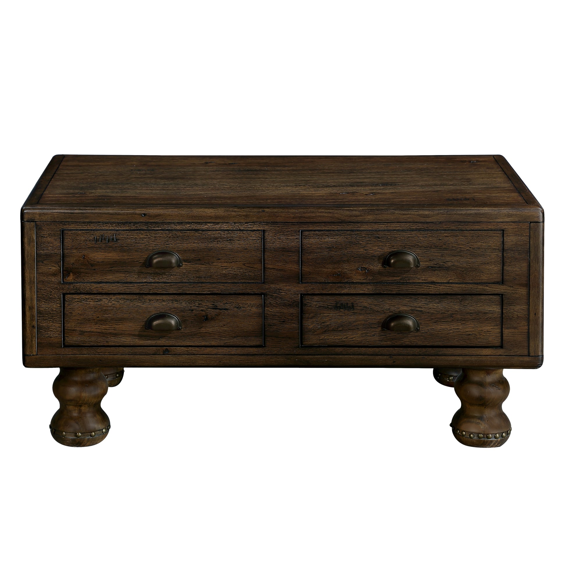 Solid Wood Rectangle Coffee Table For Living Room, 40 Inch Antique Coffee Table With 4 Drawers, Wood Center Table Tea Table With Rivet Decoration Legs.Easy Assembly, Espresso Espresso Pine