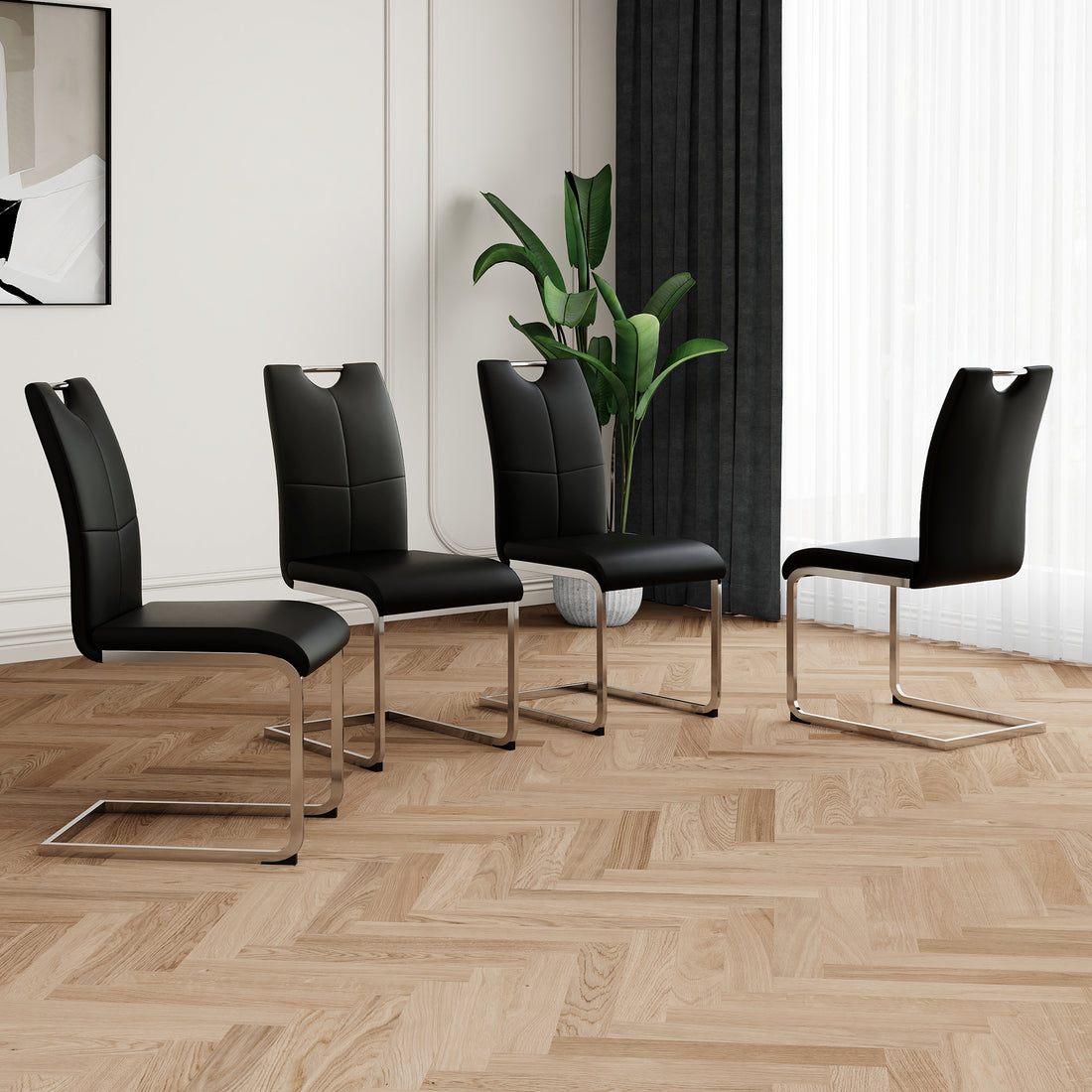 Modern Dining Chairs With Faux Leather Padded Seat Dining Living Room Chairs Upholstered Chair With Chrome Metal Legs Design For Kitchen, Living, Bedroom, Dining Room Side Chairs Set Of 4 Black Silver Metal