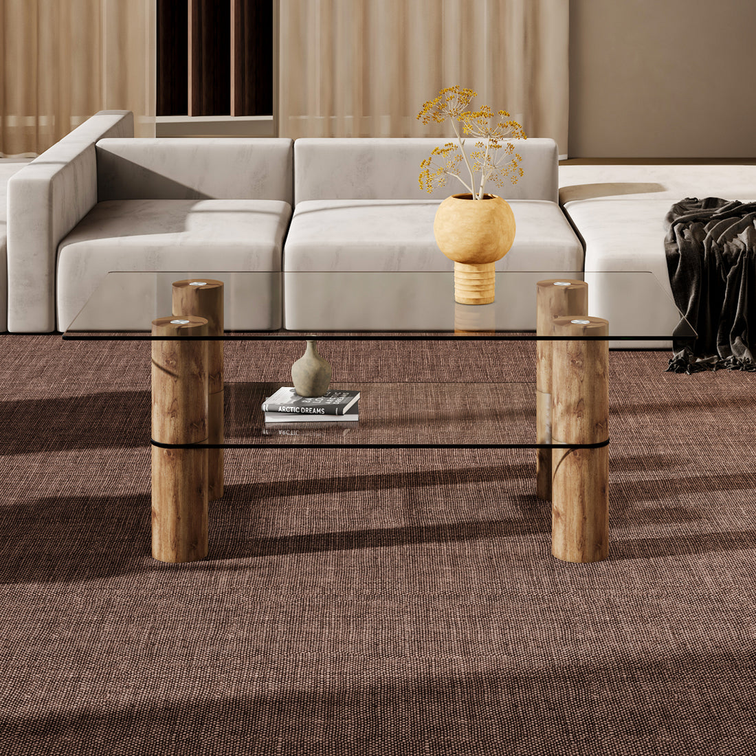 Modern Minimalist Double Layer Transparent Tempered Glass Coffee Table And Coffee Table, Paired With Wooden Mdf Decorative Columns. Computer Desk. Game Table. Ct X02 Transparent Glass