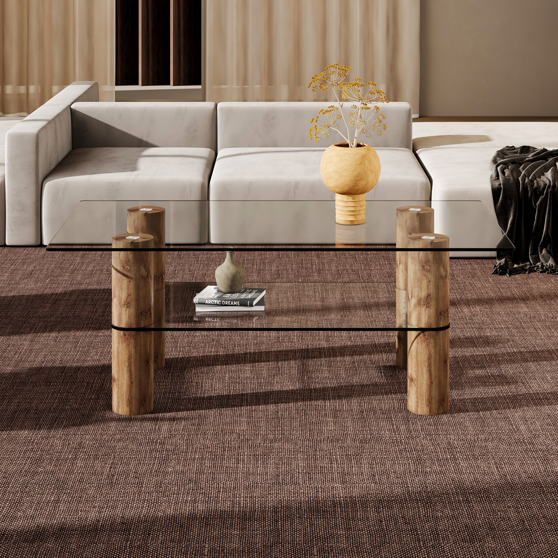 Modern Minimalist Double Layer Transparent Tempered Glass Coffee Table And Coffee Table, Paired With Wooden Mdf Decorative Columns. Computer Desk. Game Table. Ct X02 Transparent Glass