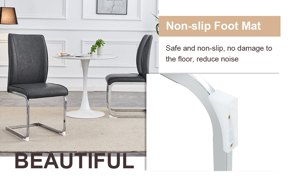 Table And Chair Set.Modern Dining Table,Tempered Glass Tabletop And Silver Colored Leg.Paired With 4 Soft And Comfortable Dark Gray Pu Chair, Perfect For Dinner, Meetings, Home And Office Decor.