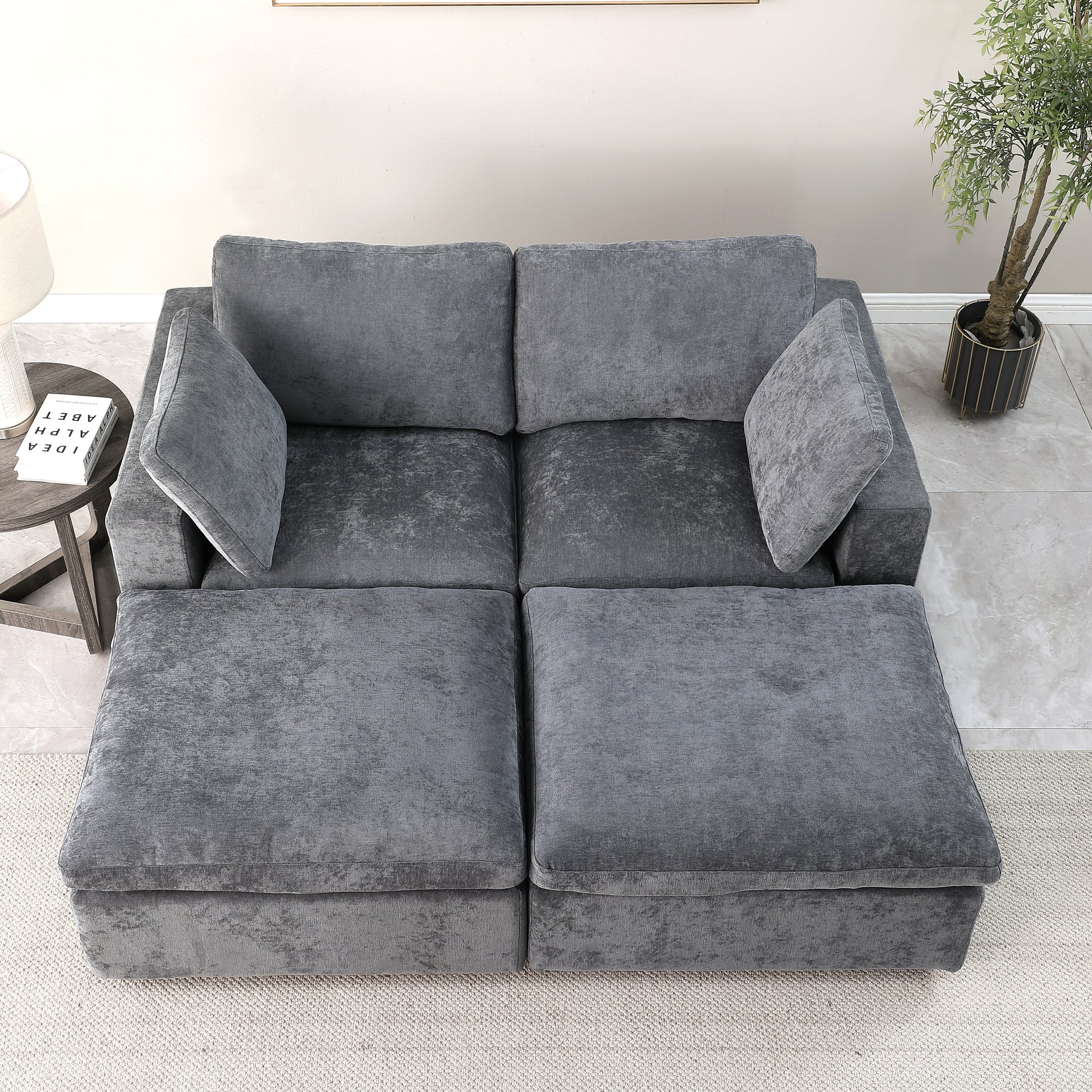 68.5" Loveseat Sofa With 2 Ottoman Modular Sofa Sleeper Couch Set Upholstered Couch For Living Room Apartment Small Space, Chenille Grey Grey Fabric 4 Seat