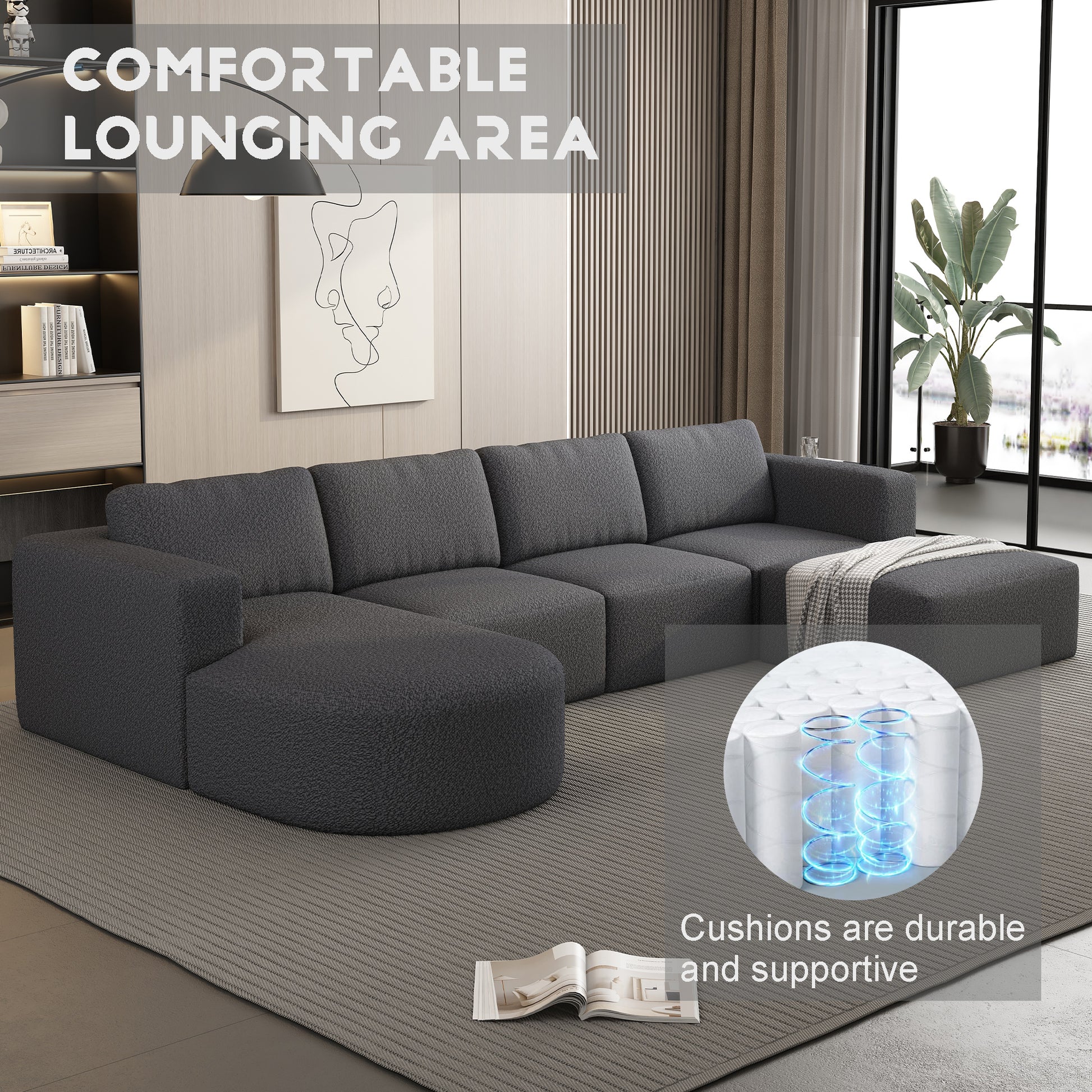 133.84*70.86 Modular Sectional Sofa Sleeper Couch, Sectional Sofa With Chaise And Ottoman, Convertible U Shaped Modular Sofa Set. Compressed Sponge, Dark Grey. Combo 2A B C D Dark Grey Primary Living Space Soft Minimalist,Modern Foam Spring 6 Seat