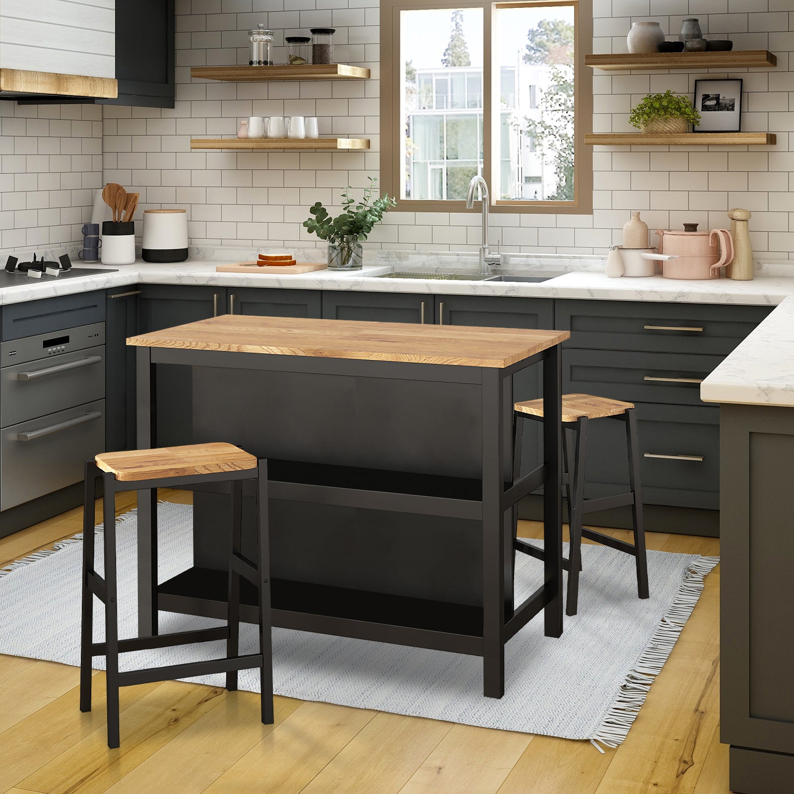 3 Pcs Dining Table Set Rustic Retro Breakfast Table Dining Stools Rubberwood For 2 With Two Open Shelves For Small Space Kitchen Dining Room W69165661 Black Rubber Wood