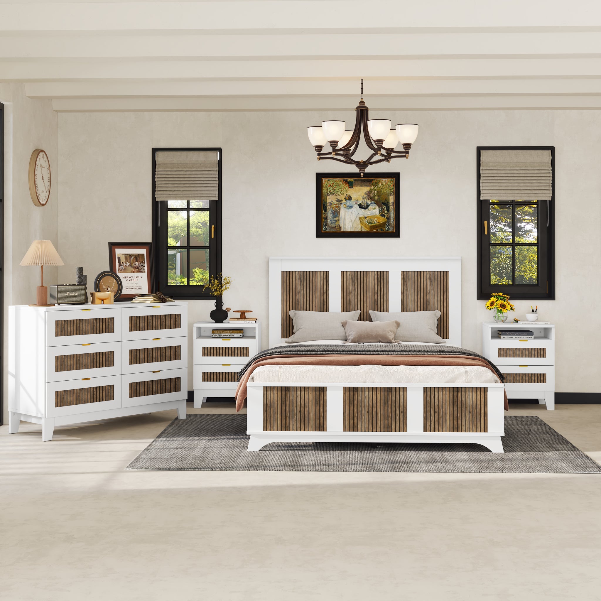 4 Pieces Bedroom Sets, Queen Size Farmhouse Platform Bed With Wooden Strip Decoration, Storage Nightstand And Dresser With Metal Handle, White Queen White 4 Piece Set Particle Board