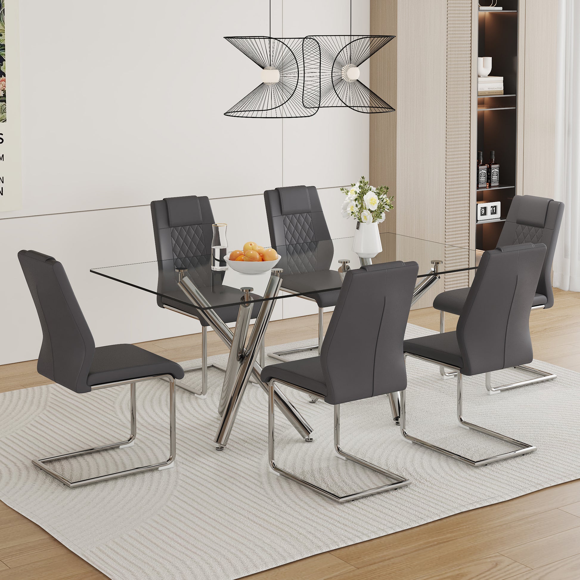Table And Chair Set.Large Minimalist Rectangular Glass Dining Table For 6 8 With 0.39" Tempered Glass Tabletop And Silver Chrome Metal Legs.Paried With Comfortable Chairs With Pu Seats And Metal Legs. Silver Seats 6 Glass Metal